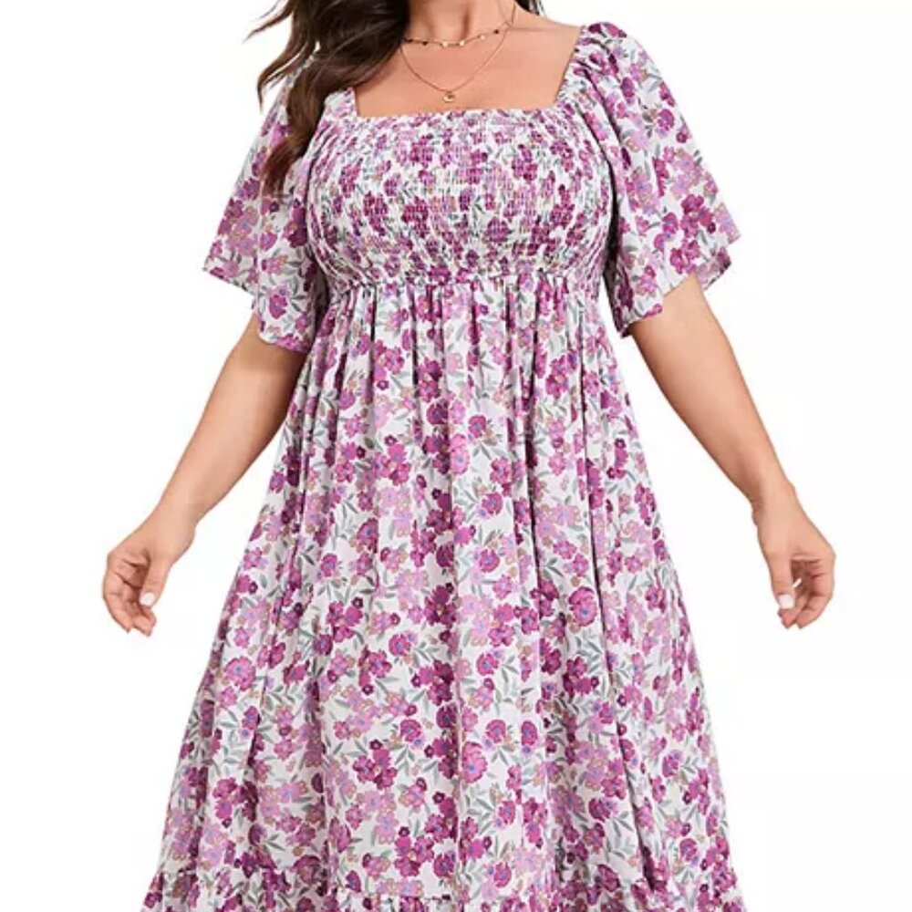 Women's Plus Size Boho Floral Print Shirred Ruffle Hem A Line Long Maxi Dress